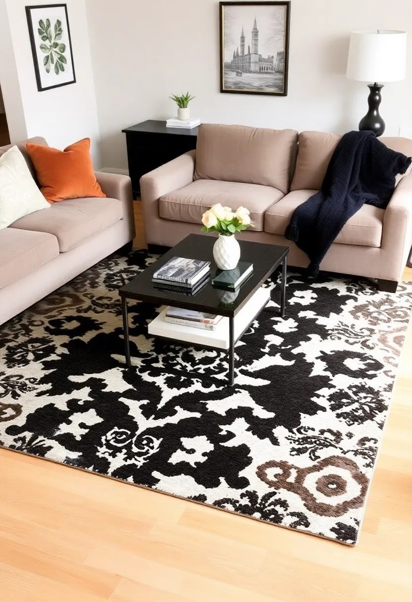 21 Cozy Living Room Ideas That'll Make You Want to Snuggle Up Right Now! - 14. Statement Rugs to Define Spaces