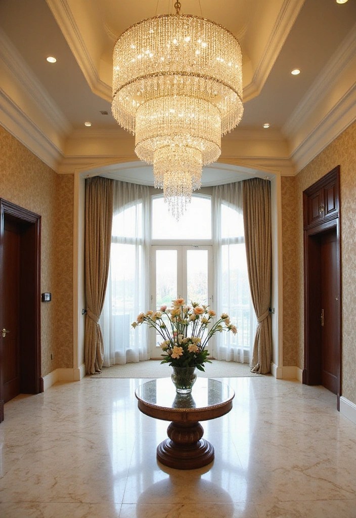 13 Eye-Catching Celebrity Foyer Designs That Make Stunning First Impressions! - 1. The Glamorous Crystal Chandelier