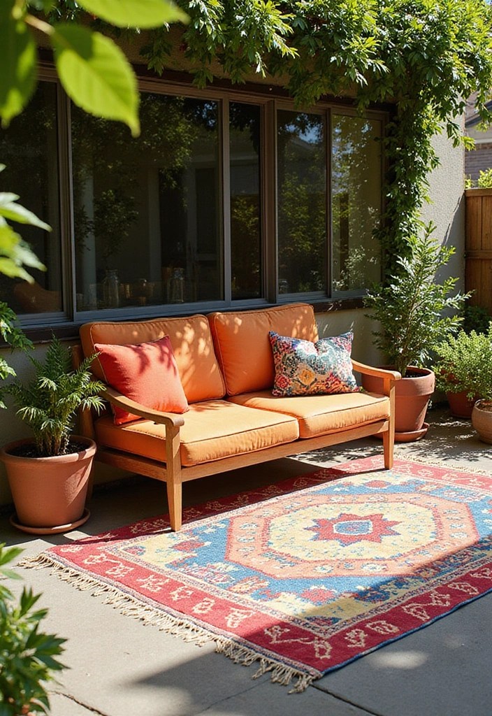 22 Gorgeous Patio Decor Ideas That'll Make Your Neighbors Envious (Good Luck Choosing Just One!) - 4. Colorful Outdoor Rugs